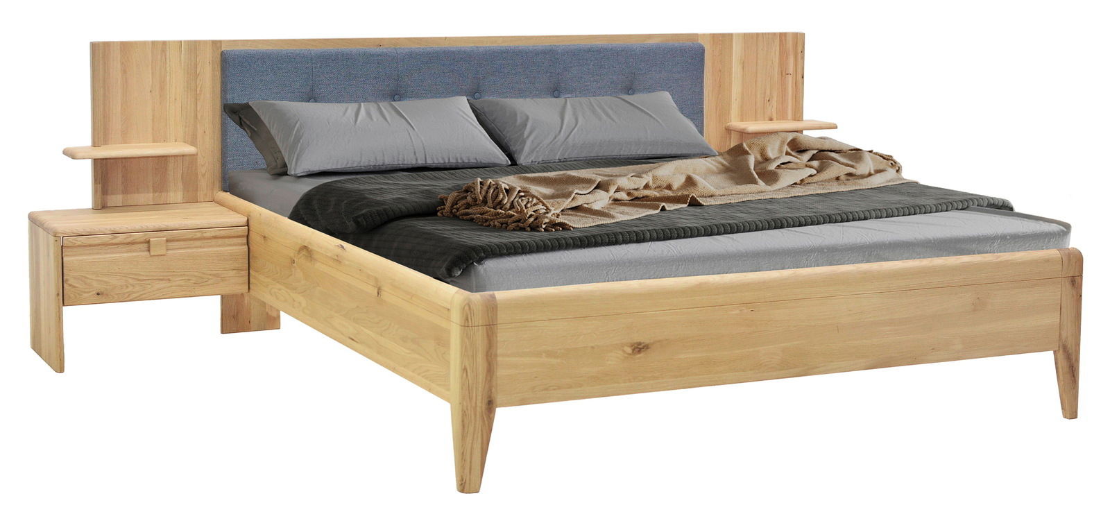 Holzbett mit gepolstertem Kopfteil in blauer Farbe, grauer Bettwäsche und zwei integrierten Nachttischen, Frontalansicht