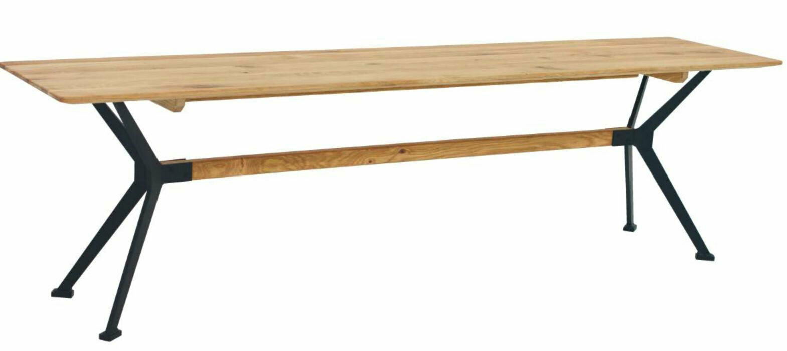 Holzbank mit Metallgestell, seitliche Perspektive