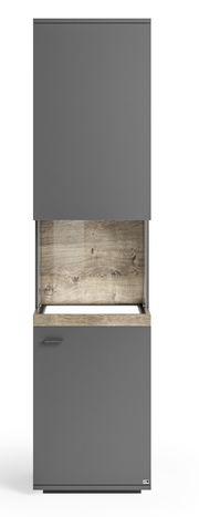 Graue Vitrine mit Holzdetails, Frontansicht