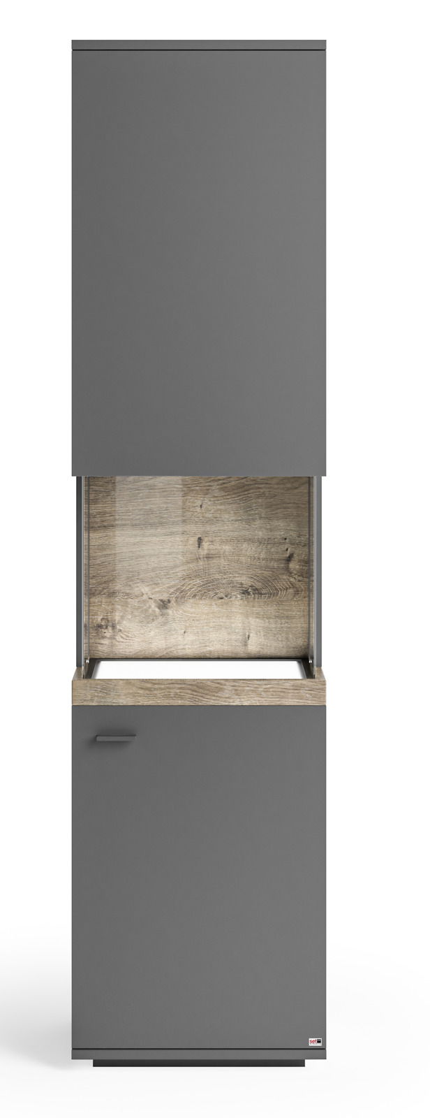 Graue Vitrine mit Holzdetails, Frontansicht