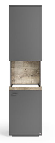 Graue Vitrine mit Holzdetails, Frontansicht