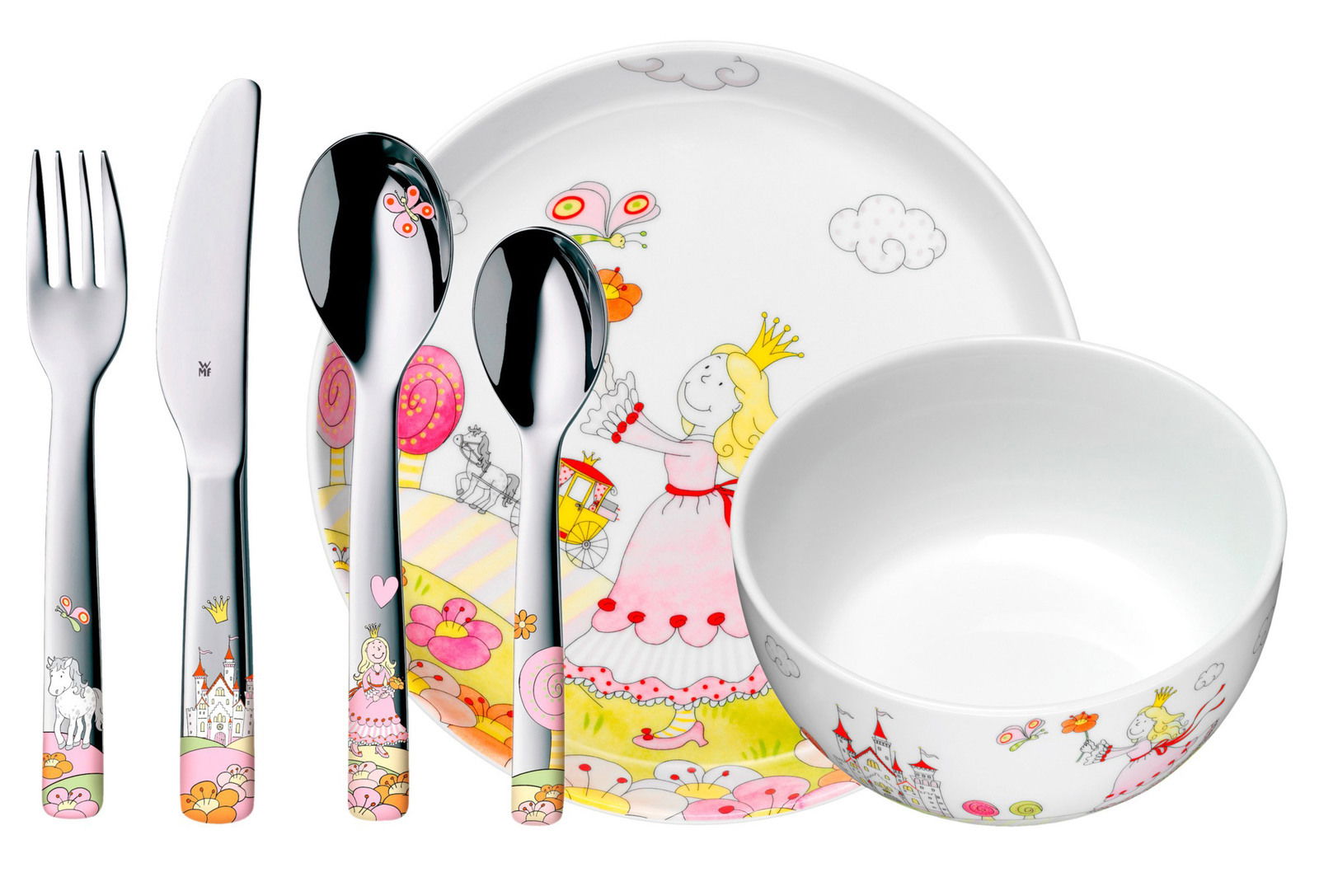 Kindergeschirr-Set mit Prinzessin-Motiv, bestehend aus Teller, Schüssel und Besteck, aus der Vogelperspektive fotografiert.