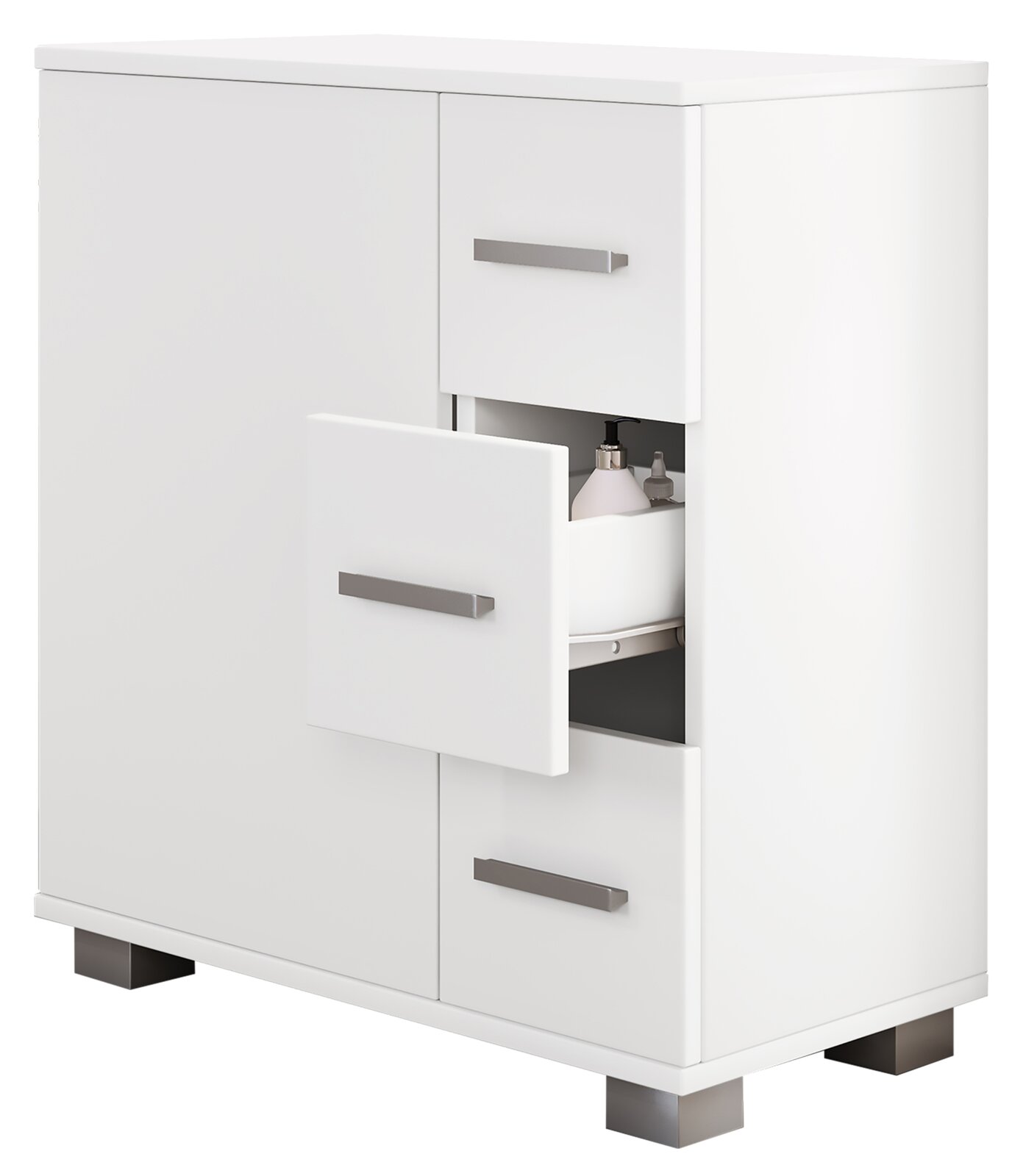 Weißer Badschrank/Unterschrank mit Schubladen und Metallgriffen, eine Schublade halb geöffnet mit sichtbaren Pflegeprodukten, Ansicht schräg von vorne rechts