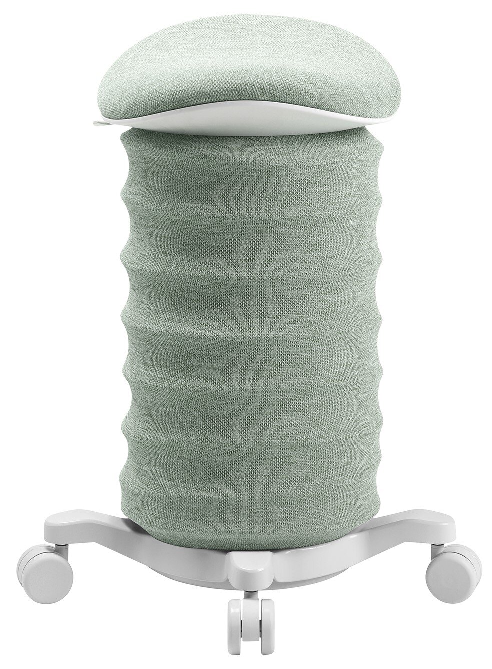 Aktiv-Sitz in hellgrünem Stoff mit wellenförmiger Struktur, auf Rollen, seitliche Perspektive