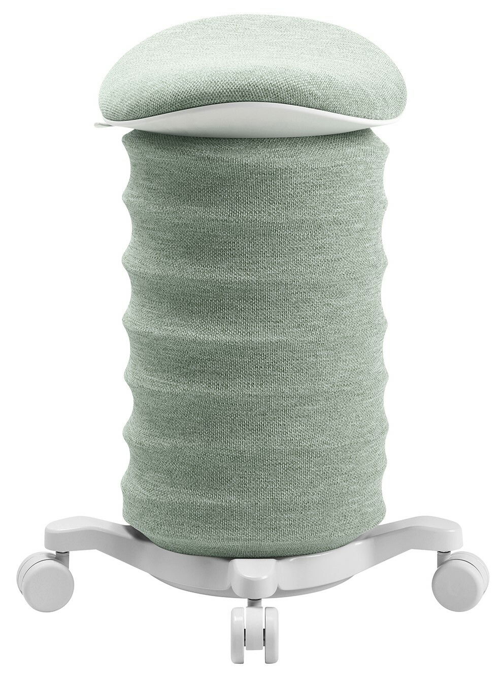 Aktiv-Sitz in hellgrünem Stoff mit wellenförmiger Struktur, auf Rollen, seitliche Perspektive