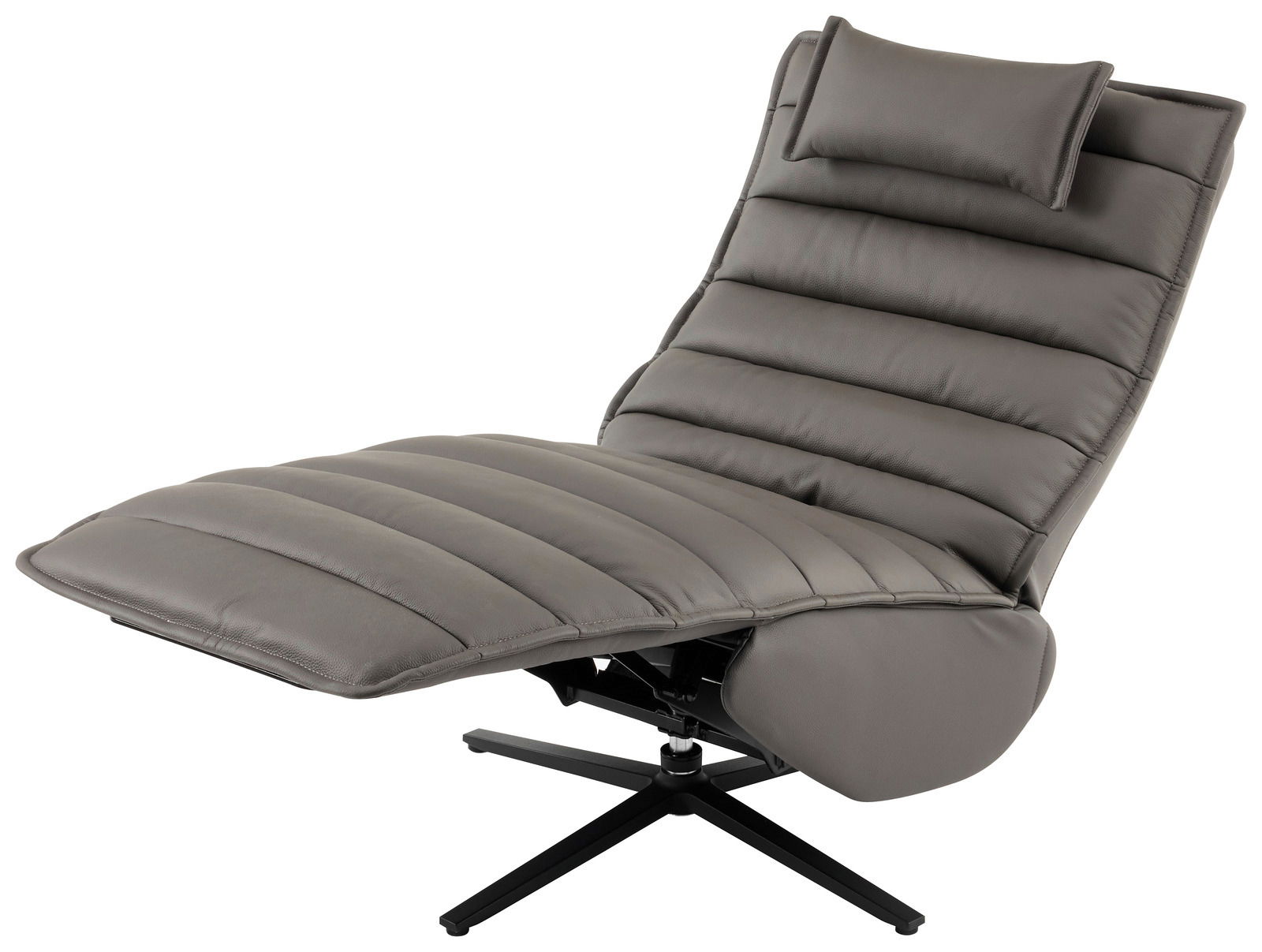 Graue Relaxliege mit gepolstertem Design und verstellbarem Kopfteil, seitliche Perspektive