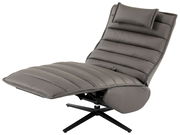 Graue Relaxliege mit gepolstertem Design und verstellbarem Kopfteil, seitliche Perspektive