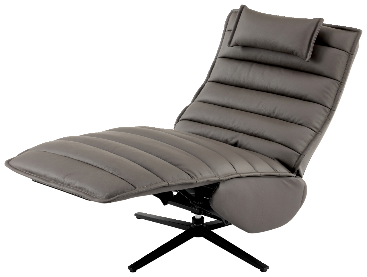 Graue Relaxliege mit gepolstertem Design und verstellbarem Kopfteil, seitliche Perspektive