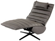 Graue Relaxliege mit gepolstertem Design und verstellbarem Kopfteil, seitliche Perspektive