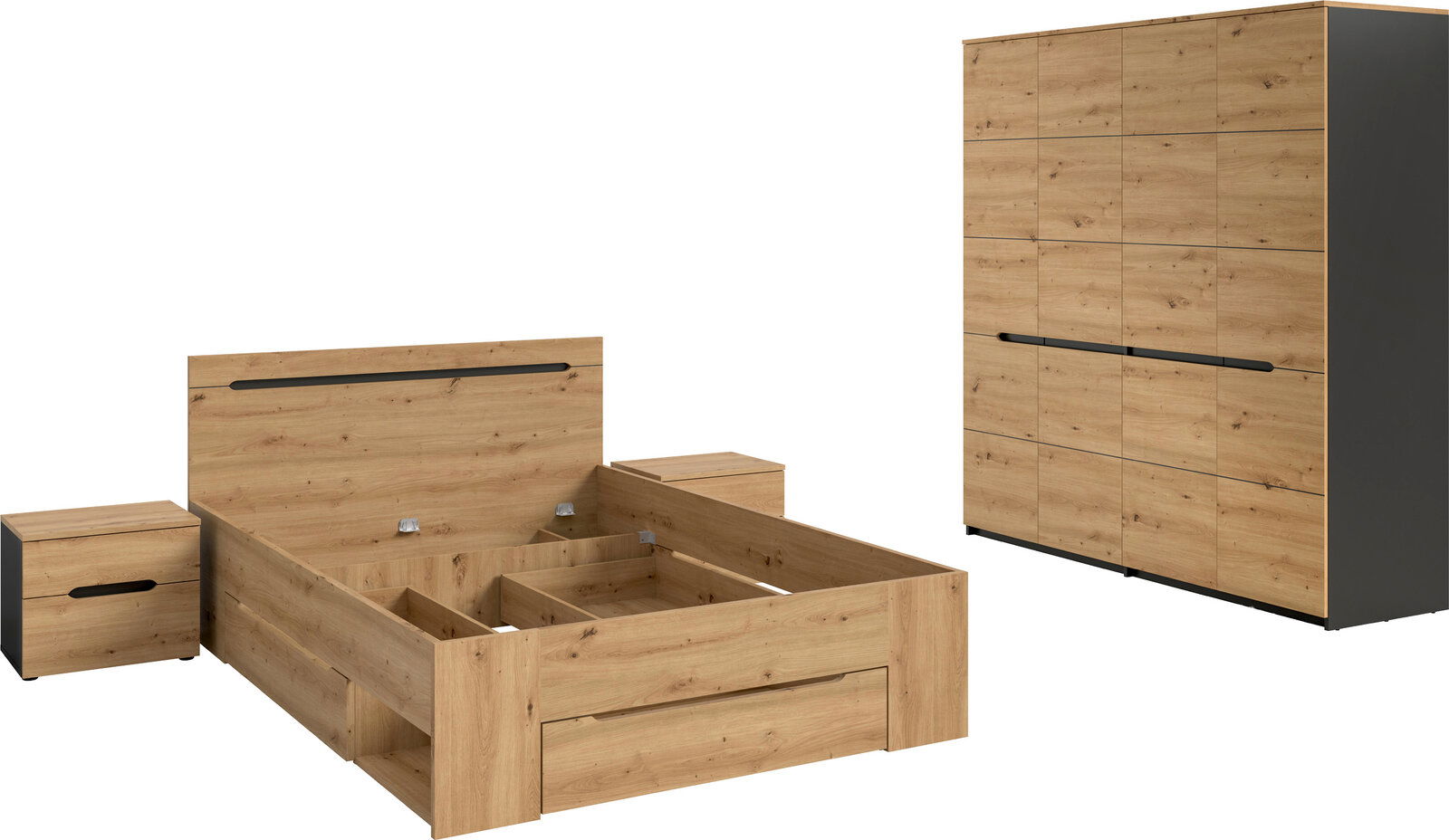 Schlafzimmermöbel-Set in Eiche-Optik mit Bettgestell (ohne Matratze) und zwei Nachttischen sowie großem Kleiderschrank mit schwarzen Griffleisten, gezeigt in schräger Frontansicht
