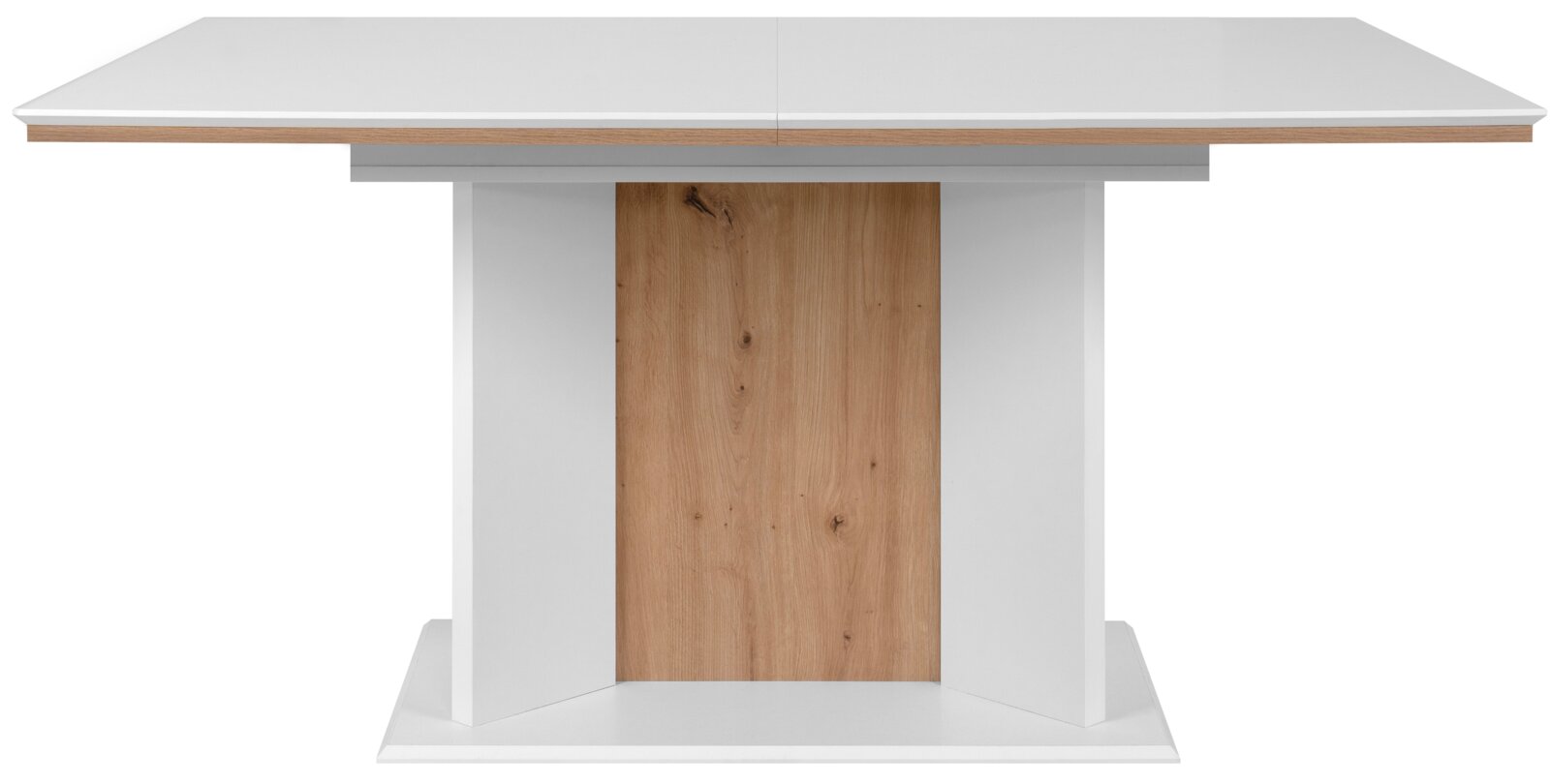 Moderner Esstisch mit weißer Tischplatte und Holzdetails, Frontalansicht