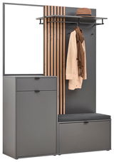 Kompaktgarderobe mit Spiegel, Kleiderhaken, Ablage und Sitzbank in moderner, grauer Optik, seitliche Perspektive