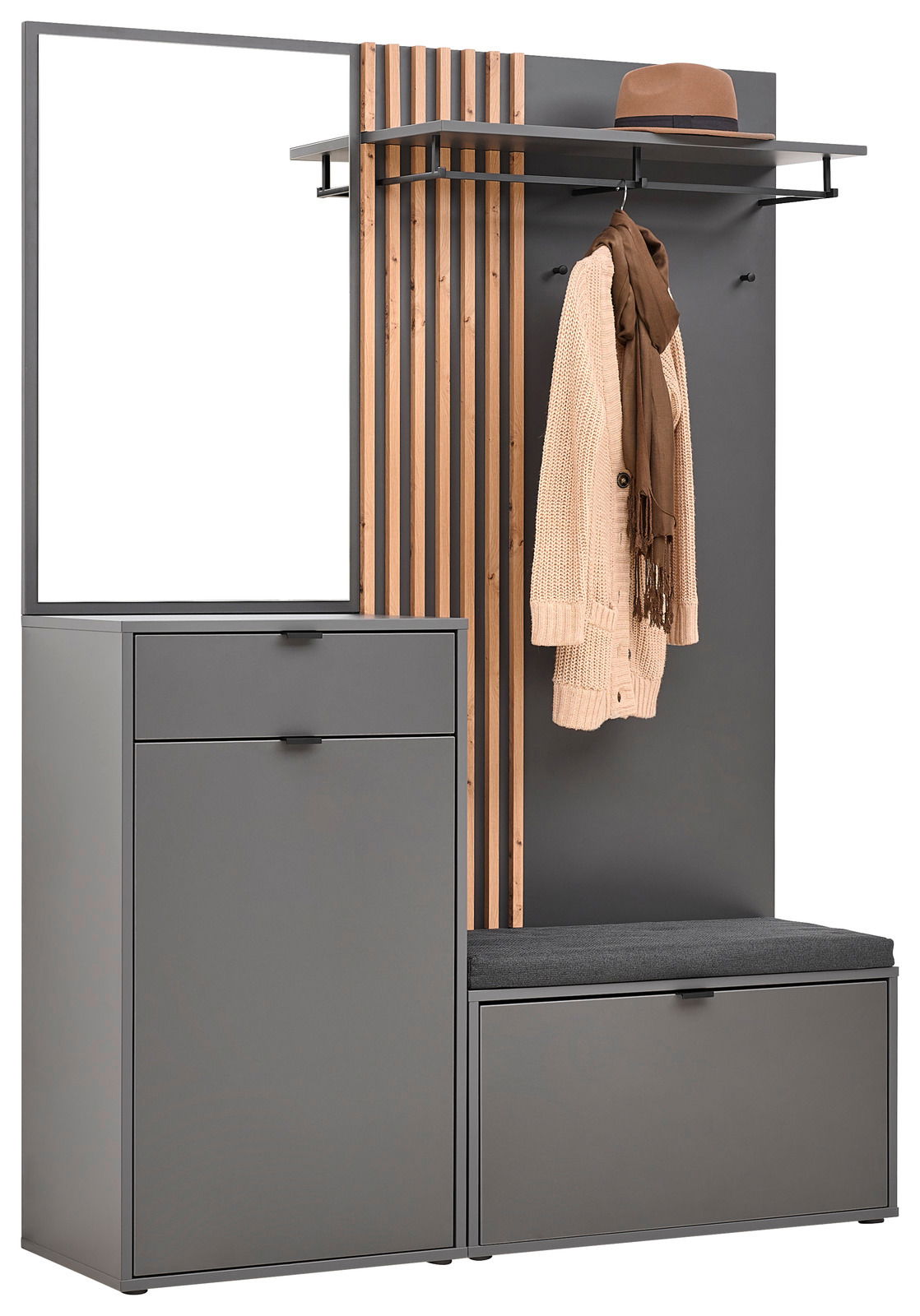 Voleo Kompaktgarderobe PHIL Kompaktgarderobe mit Spiegel, Kleiderhaken, Ablage und Sitzbank in moderner, grauer Optik, seitliche Perspektive