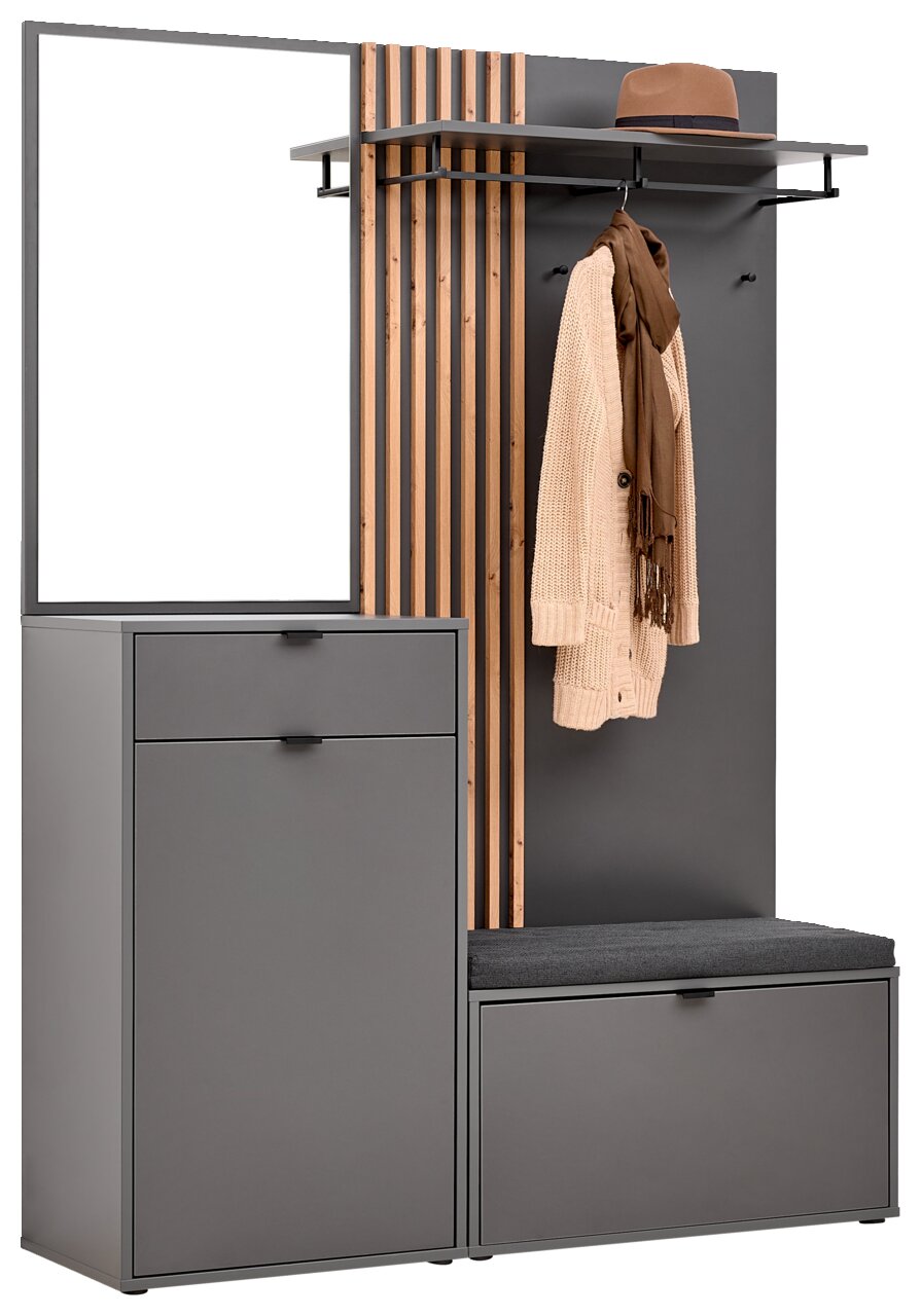 Kompaktgarderobe mit Spiegel, Kleiderhaken, Ablage und Sitzbank in moderner, grauer Optik, seitliche Perspektive