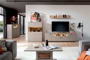 Moderne woonkamermeubels met een hoogkast, dressoir en wandkast in een lichte houtlook, gezien vanaf de voorkant.