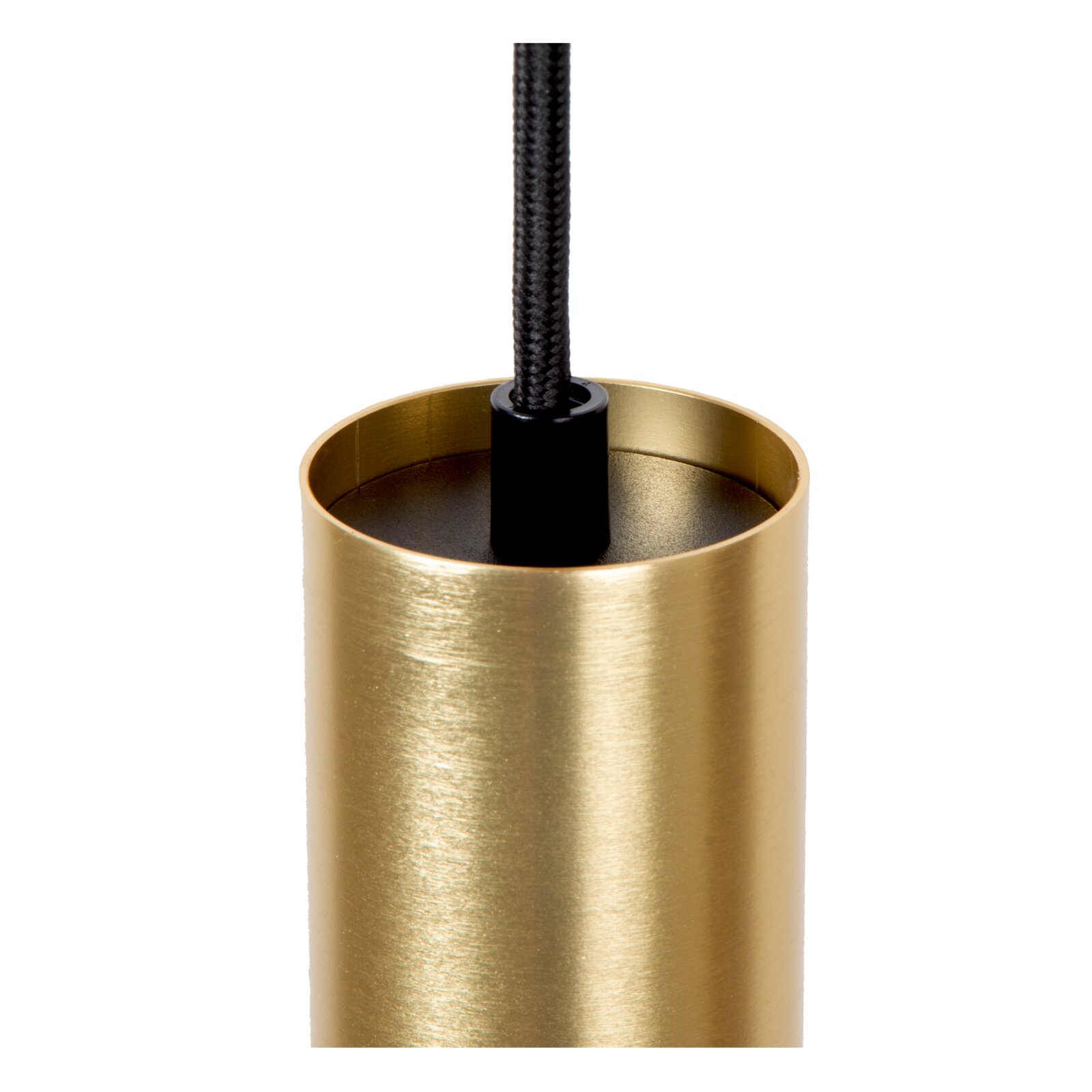 Close-up van een matgouden hanglamp FLORIS met zwarte kabel, gezien van bovenaf.