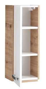 Moderner Wandschrank mit Holzoptik und weißen Regalböden, offene Tür, seitliche Perspektive