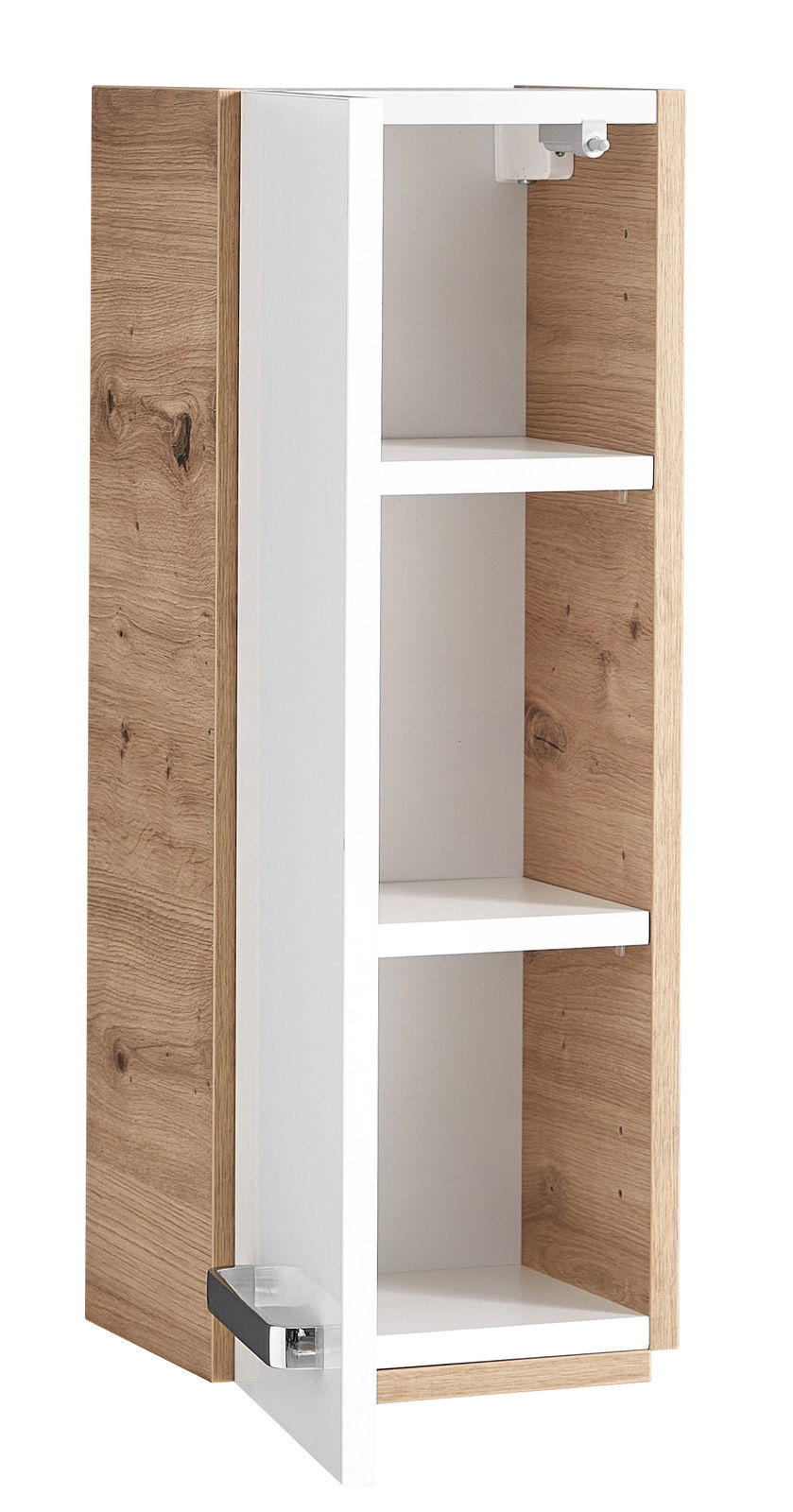 Moderner Wandschrank mit Holzoptik und weißen Regalböden, offene Tür, seitliche Perspektive