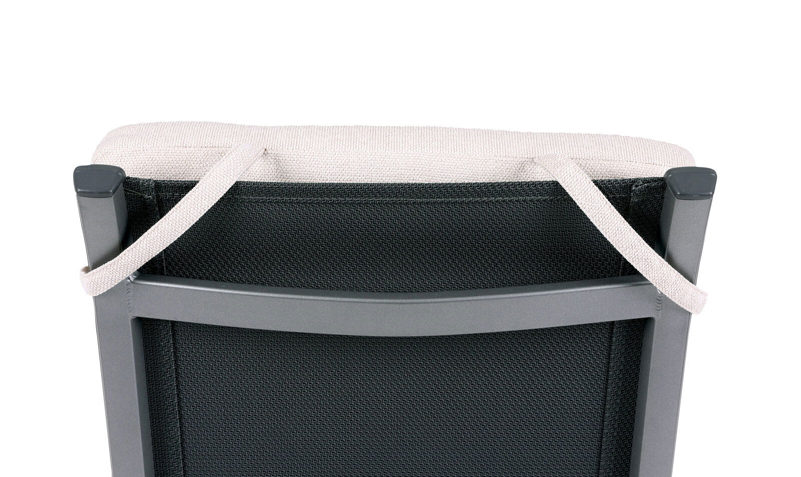 Rückansicht eines schwarzen Stoff-Organizers mit grauem Rahmen und beigem Tragegurt, freigestellt auf weißem Hintergrund