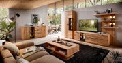 Modernes Wohnzimmer mit Wohnwand und Sideboard aus hellem Massivholz, TV-Lowboard und Vitrine mit Glas-/LED-Elementen sowie Couchtisch auf dunklem Teppich, perspektivische Raumansicht von schräg vorne