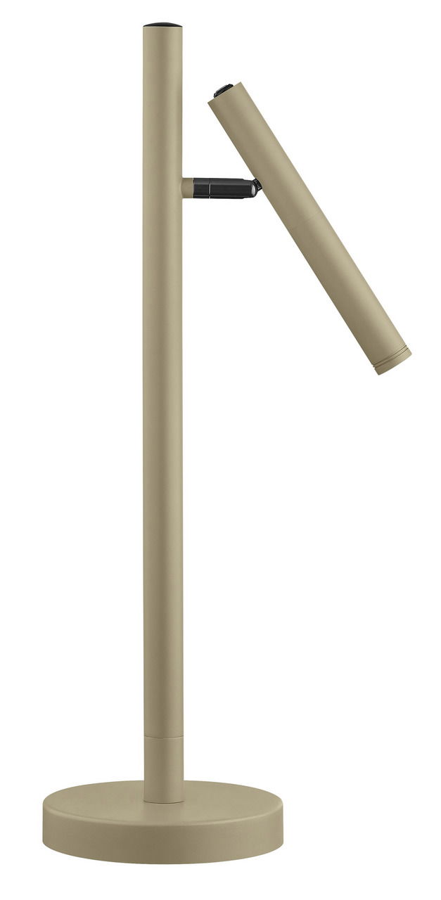 Seitliche Ansicht der Akku-Tischleuchte STREAK in modernem Design mit zylindrischem Leuchtenkopf und Standfuß in Beige.