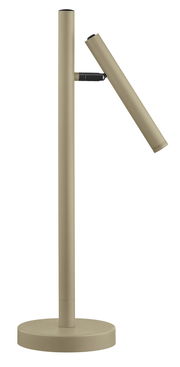 Seitliche Ansicht der Akku-Tischleuchte STREAK in modernem Design mit zylindrischem Leuchtenkopf und Standfuß in Beige.