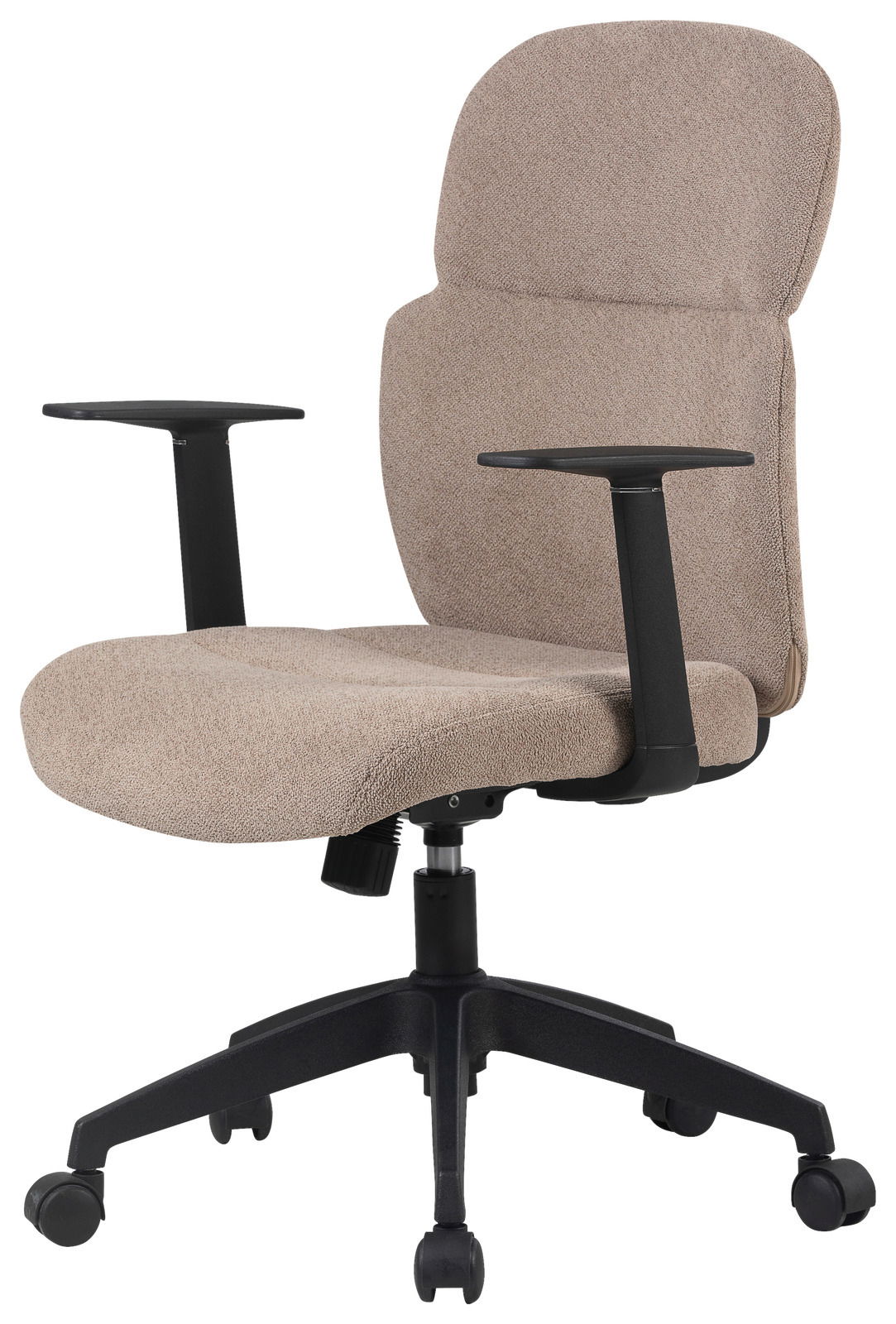 Beiger Drehstuhl mit Armlehnen, seitliche Perspektive