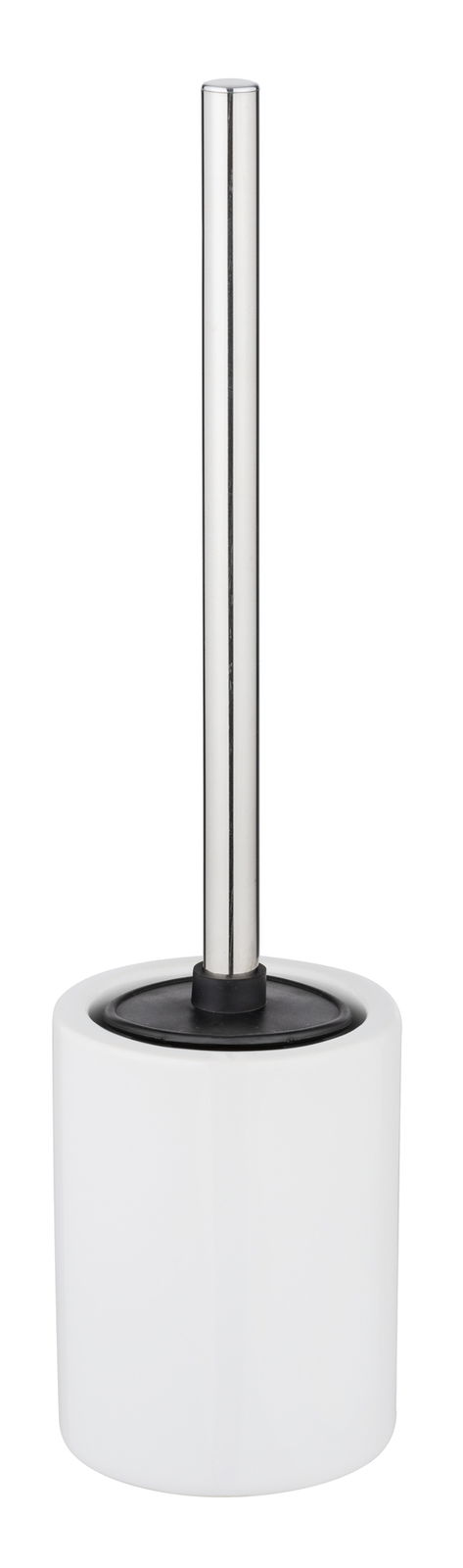 WC-Garnitur in Frontalansicht mit weißem Behälter und silbernem Stiel