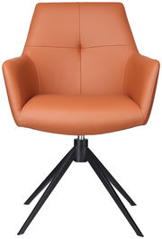 Vorderansicht eines modernen Armlehnstuhls in Lederoptik mit schwarzem Metallgestell.