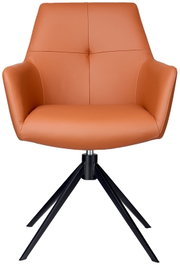 Vooraanzicht van een moderne fauteuil in leerlook met een zwart metalen frame.