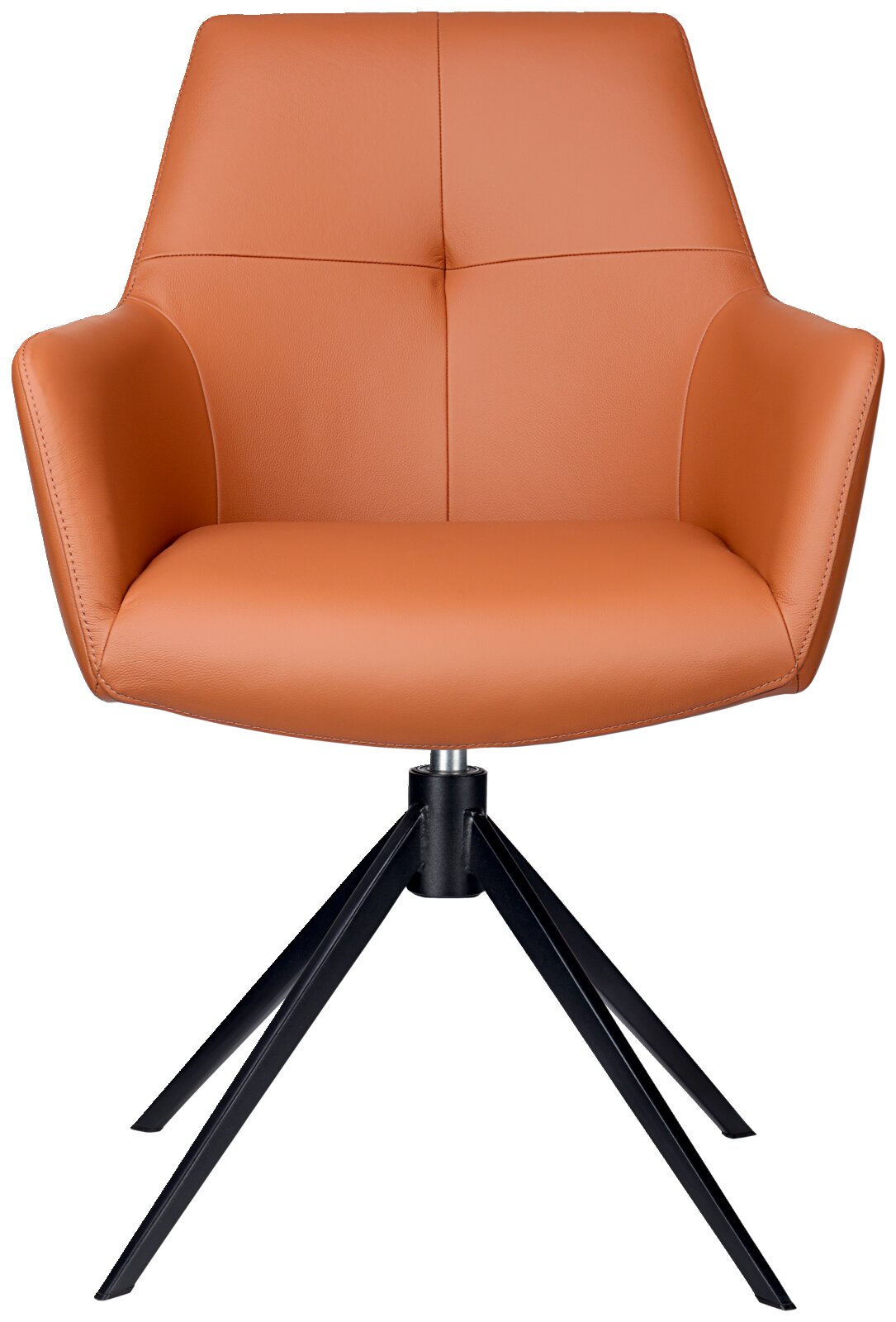 Vooraanzicht van een moderne fauteuil in leerlook met een zwart metalen frame.