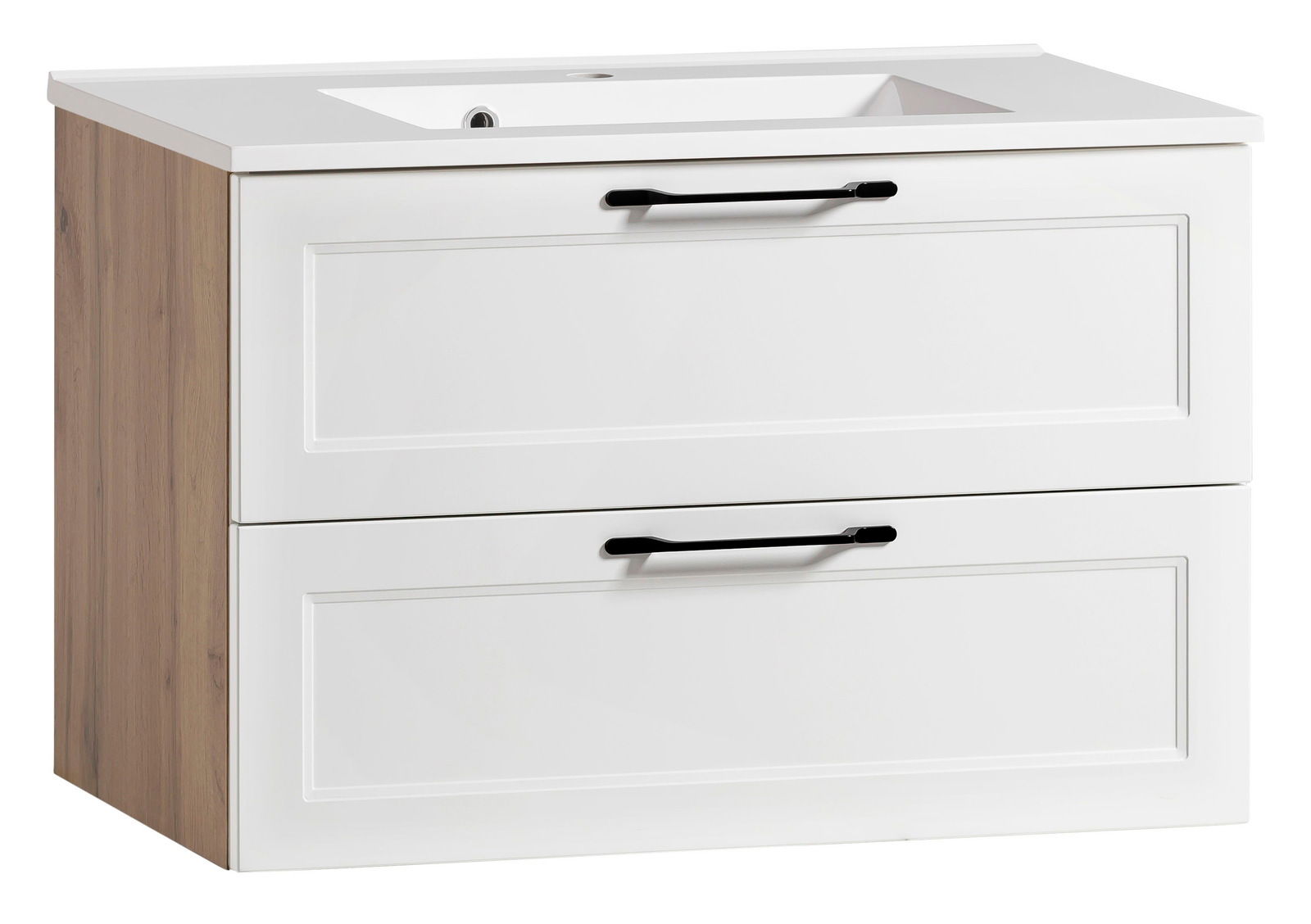 XORA Waschtisch-Set MERAN Waschtisch-Set mit zwei weißen Schubladen und schwarzen Griffen, seitliche Holzoptik, Perspektive von vorne links