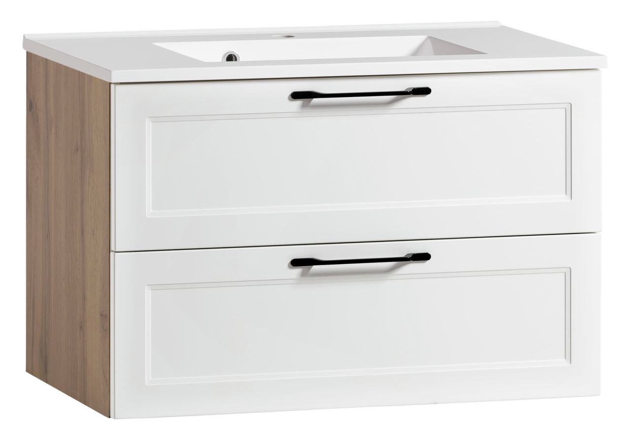 Waschtisch-Set mit zwei weißen Schubladen und schwarzen Griffen, seitliche Holzoptik, Perspektive von vorne links