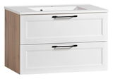 Waschtisch-Set mit zwei weißen Schubladen und schwarzen Griffen, seitliche Holzoptik, Perspektive von vorne links