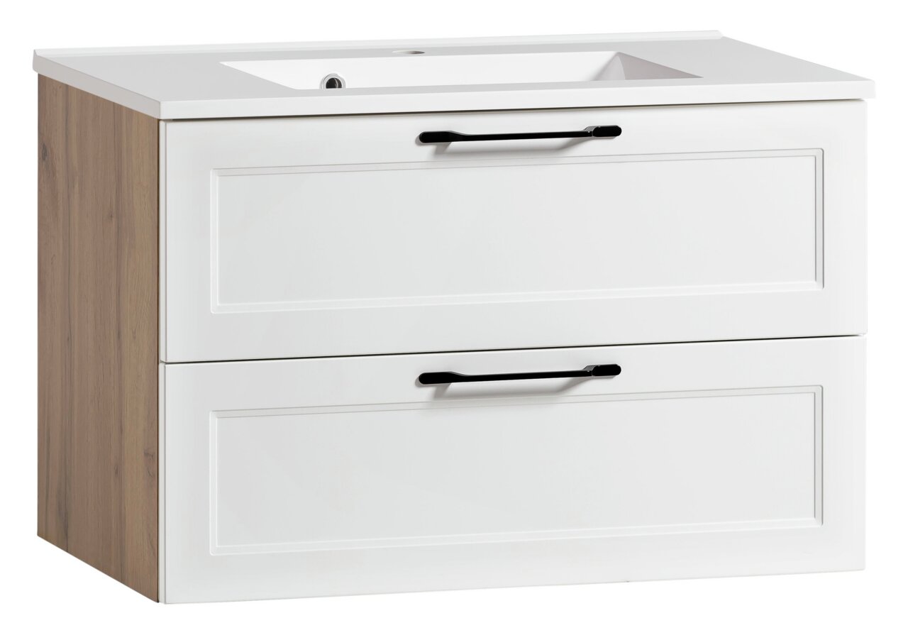 Wastafelset met twee witte lades en zwarte handgrepen, zijkanten in houtlook, aanzicht van links vooraan