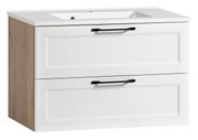 Wastafelset met twee witte lades en zwarte handgrepen, zijkanten in houtlook, aanzicht van links vooraan