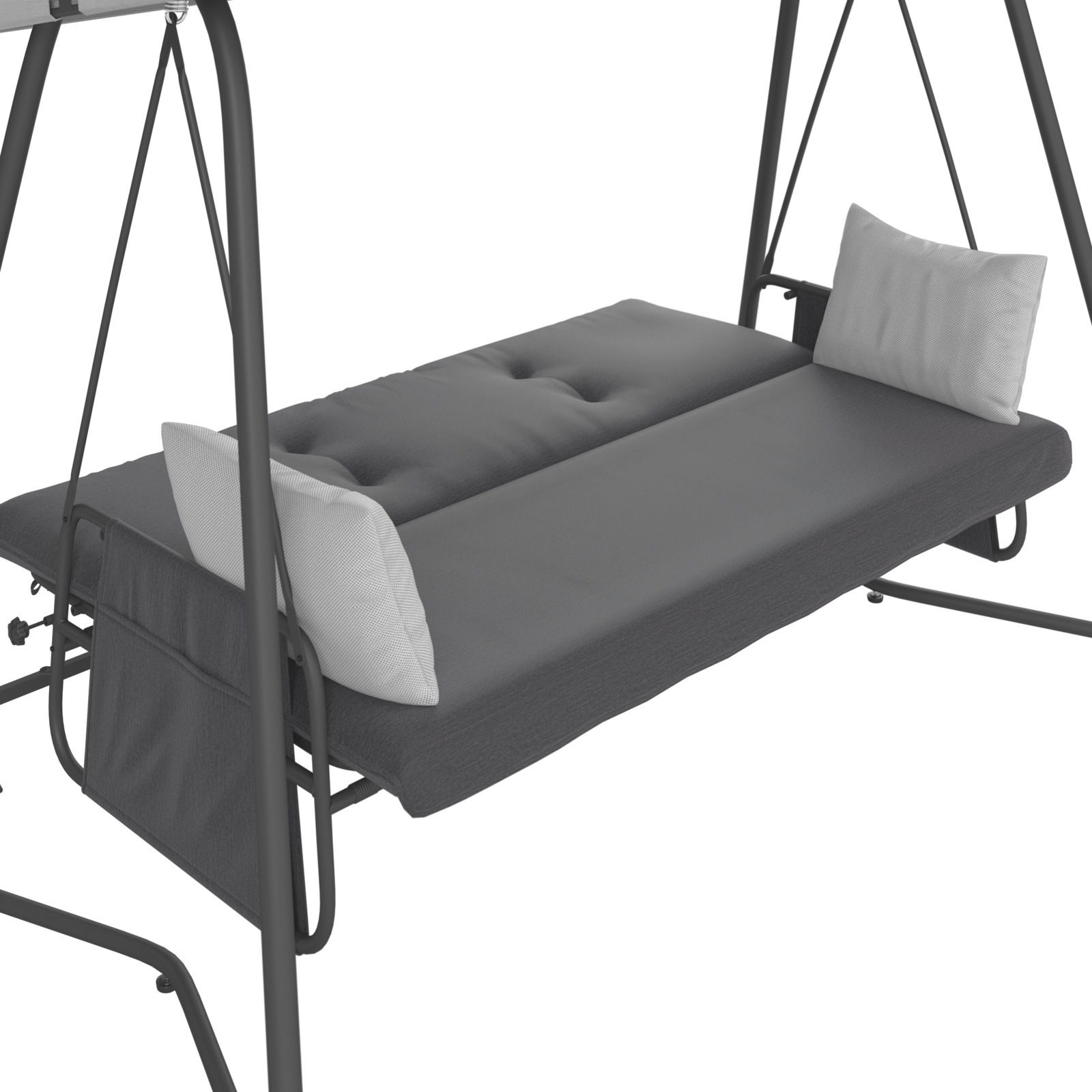 Graue Hollywoodschaukel mit zwei weißen Kissen, seitliche Perspektive