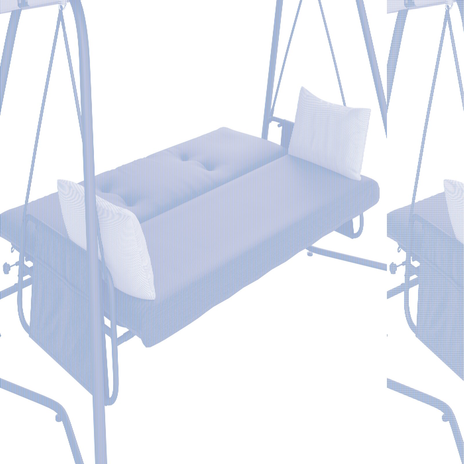 Graue Hollywoodschaukel mit zwei weißen Kissen, seitliche Perspektive