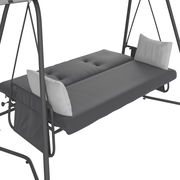 Graue Hollywoodschaukel mit zwei weißen Kissen, seitliche Perspektive