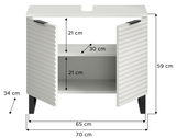 Weißer Waschbeckenunterschrank mit zwei offenen Türen, gerippter Front und schwarzen Beinen, frontal betrachtet. Maße: 70 cm Breite, 59 cm Höhe, 34 cm Tiefe.