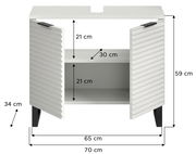 Weißer Waschbeckenunterschrank mit zwei offenen Türen, gerippter Front und schwarzen Beinen, frontal betrachtet. Maße: 70 cm Breite, 59 cm Höhe, 34 cm Tiefe.