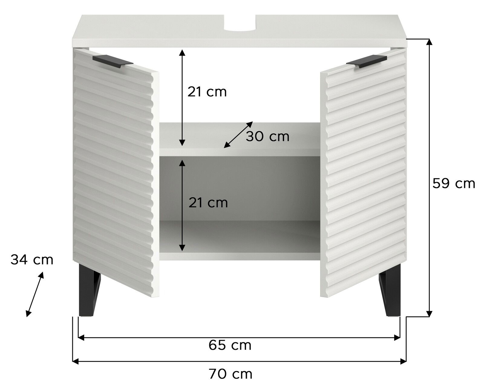 Weißer Waschbeckenunterschrank mit zwei offenen Türen, gerippter Front und schwarzen Beinen, frontal betrachtet. Maße: 70 cm Breite, 59 cm Höhe, 34 cm Tiefe.
