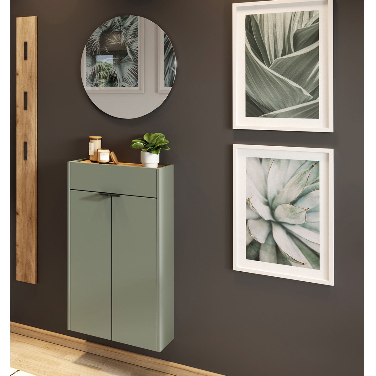 MID.YOU Garderobeset AMECA Garderobe Set 3 in modernem Design mit grünem Schrank, runder Spiegel und dekorativen Bildern an der Wand, aus der Frontalperspektive betrachtet.