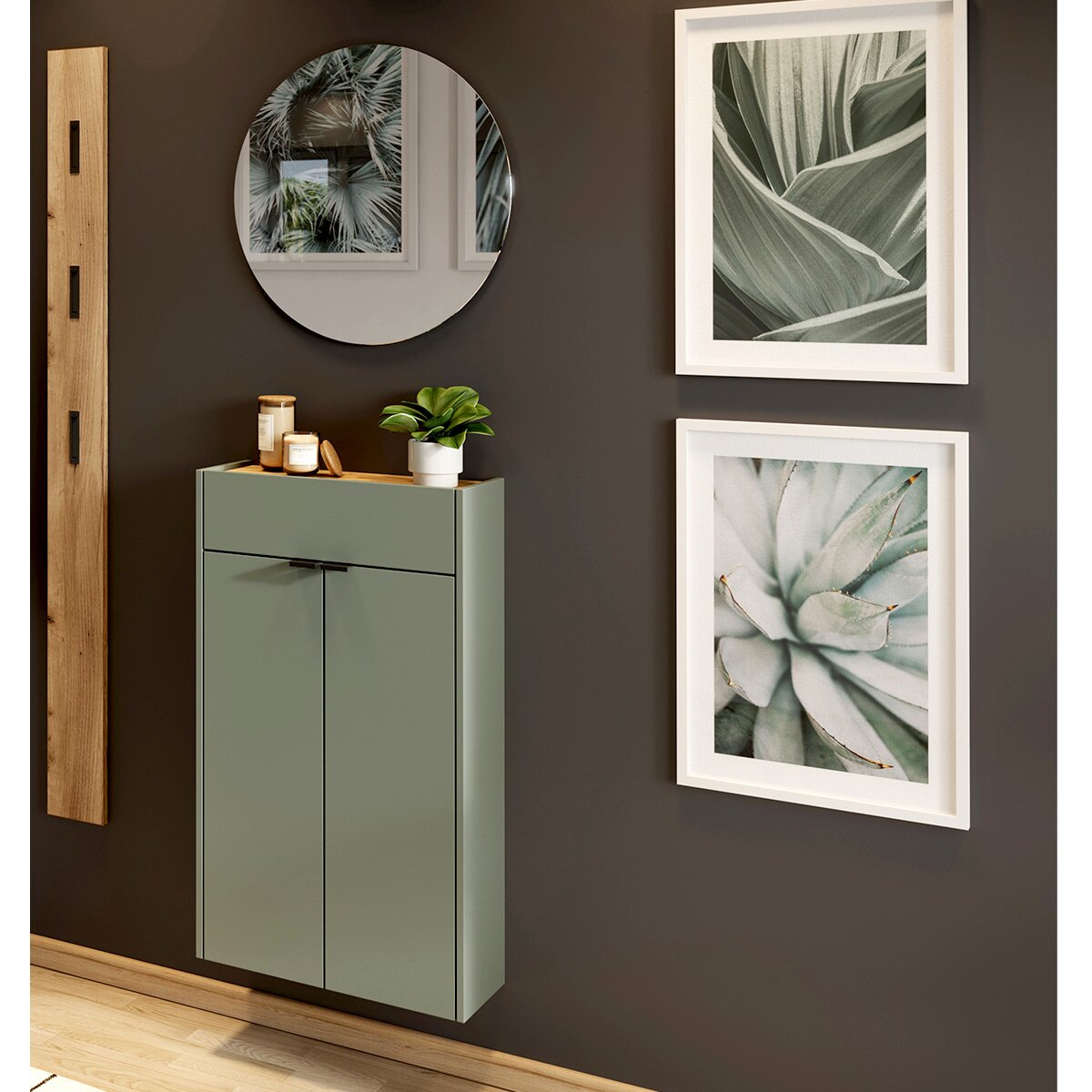 MID.YOU Garderoben-Set AMECA Garderobe Set 3 in modernem Design mit grünem Schrank, runder Spiegel und dekorativen Bildern an der Wand, aus der Frontalperspektive betrachtet.