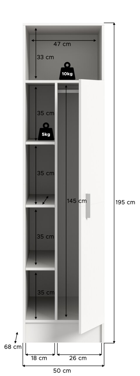 Weißer, hoher Schrank mit geöffneter Tür in Frontalansicht; Innenaufteilung mit Fächern und Kleiderstange, Maßangaben u. a. 195 cm Höhe, 50 cm Breite, 68 cm Tiefe sowie Fachhöhen (35 cm) und Belastungsangaben (10 kg/5 kg).