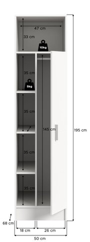 Weißer, hoher Schrank mit geöffneter Tür in Frontalansicht; Innenaufteilung mit Fächern und Kleiderstange, Maßangaben u. a. 195 cm Höhe, 50 cm Breite, 68 cm Tiefe sowie Fachhöhen (35 cm) und Belastungsangaben (10 kg/5 kg).