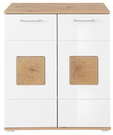 Moderner Schuhschrank mit weißer Front und Holzelementen, frontal abgebildet.