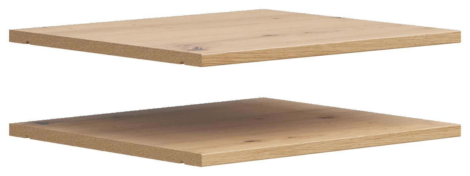 Twee houten legplanken in eikenlook, in perspectief vanaf de zijkant gezien.