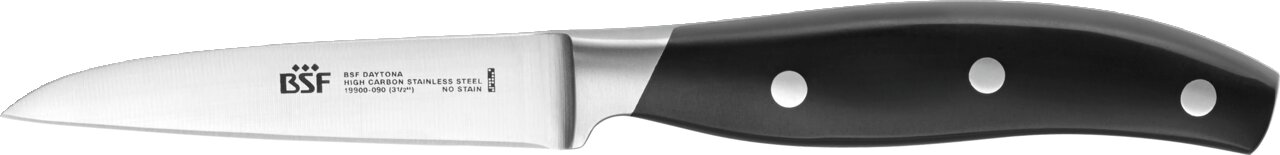 Gemüsemesser mit schwarzem Griff und Edelstahlklinge, seitliche Ansicht