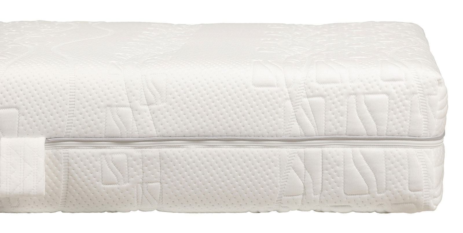 Seitenansicht einer weißen Komfortschaummatratze mit strukturiertem Bezug und Reißverschluss.
